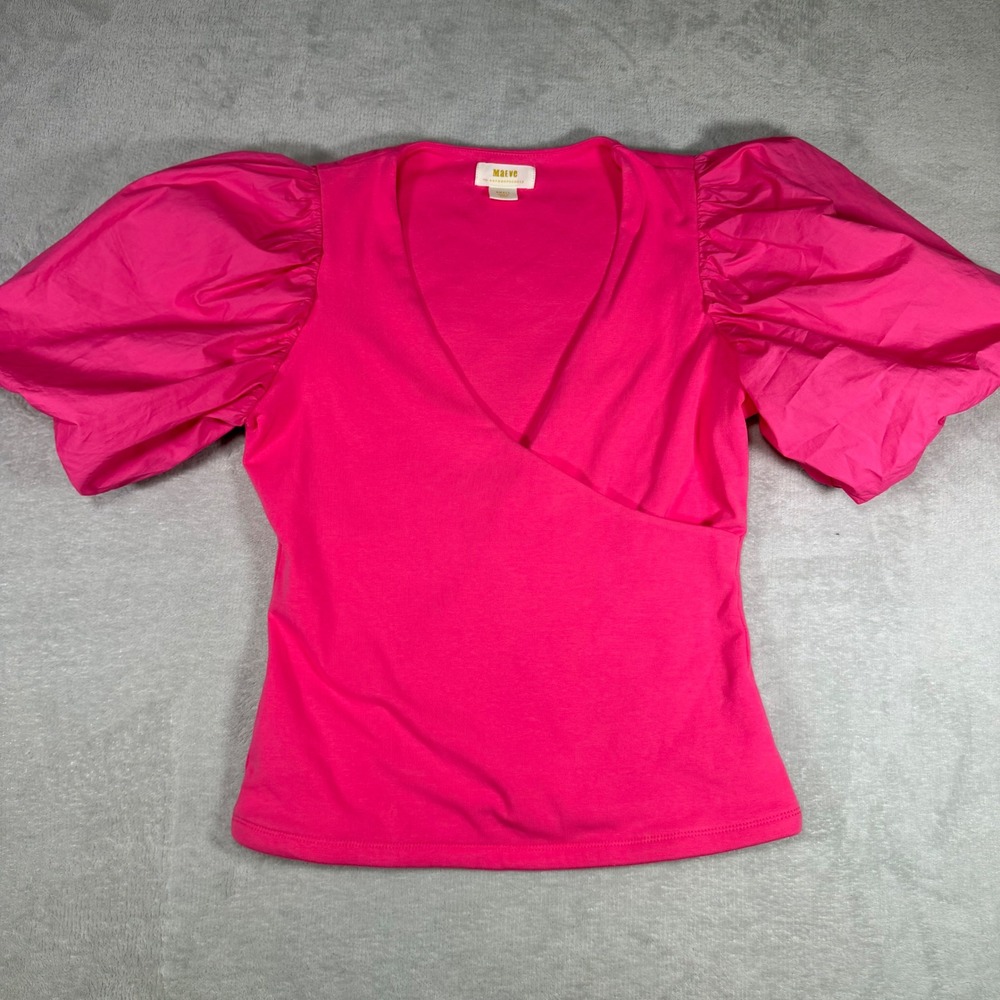 Maeve Anthropologie HotPink Puff Sleeve Wrap Top Surplice V-Neck Small JJ1345T-A